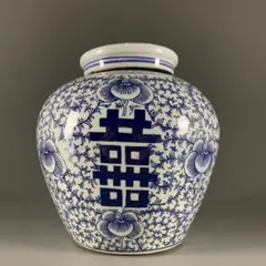青花喜字缶 景徳鎮 陶磁器 装飾品 現代工芸品 美術品 置物
