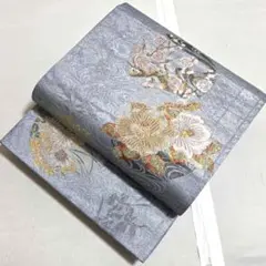 B5◆着物くつろぎ 流水に花模様 金銀糸 椿 梅 菊 六通 正絹 袋帯 10