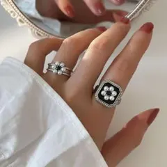 2点セット パール フラワー リング シルバー925 韓国 白黒 #C949-1