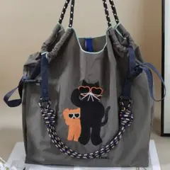 cosme kitchen猫と犬の刺繍エコバッグ　グレー　ストラップ付き
