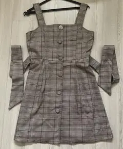 evelyn パールボタン付き チェック柄ワンピース 2wayリボン フレア
