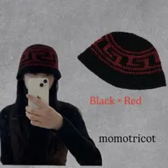 クラッシャーハット　ブラック×レッド　雷紋　バケハ　ビーニー　ニット帽　男女兼用