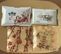 陶器の正方形皿セット 梅と草花デザイン4客セット組み