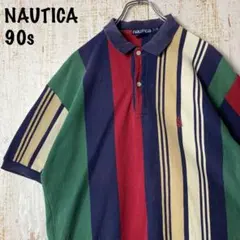 90s ノーティカ マルチストライプ ポロシャツ L グリーン アメリカ古着