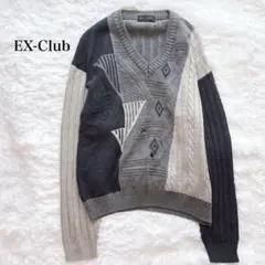 レナウン 長袖Ｖネックセーター ケーブルニット バイカラー 総柄 ウール100