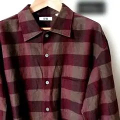 ユニクロUNIQLO U ワイドフィットバーガンディチェックフランネル長袖シャツ