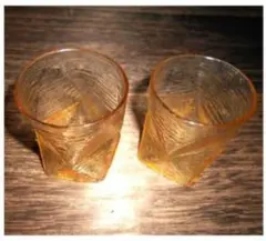 昭和レトロ オレンジ ガラス製 角型お猪口 2個セット