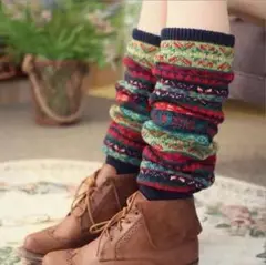 エスニック調 レッグカバー 厚手 ジャガード ソックス レッグウォーマー　防寒