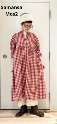 サマンサモスモス◆赤チェックバンドカラーシャツワンピース(F)ゆったり体系カバー