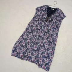 チュニック ワンピース 膝丈 総柄 フラワー 光沢 フォーマル