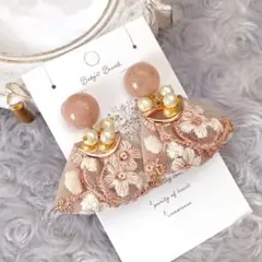 ☘インド刺繍リボンとコットンパールのイヤリング☘くすみピンク キスカ 大ぶり 春