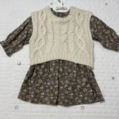 petit main ケーブルニットセーターと花柄ワンピース 80