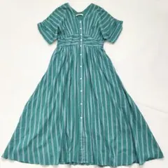 【美品】ヌキテパ コットンボイル　ストライプ　ウエストギャザー　ドレス　緑　M