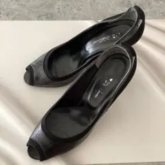 23区　ブラックレザー×スエード　オープントゥパンプス