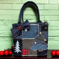 クリスマスモチーフ＊ハンドメイド＊パッチワーク＊デニムトートバッグ