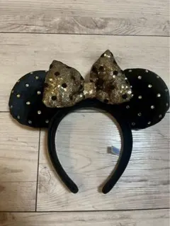 ミニーマウス風カチューシャ 黒と金のドット