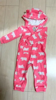 ピンク 犬柄 フード付きロンパース