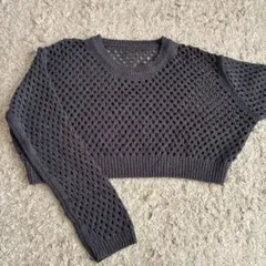 グレー メッシュ編み クロップドニット