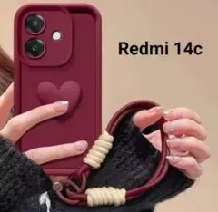 Redmi 14c ハート型ケース ストラップ付き レッド系 ワインレッド