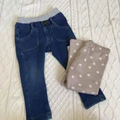 ベビー　裏起毛パンツ　２点セット　90 デニム　ドット柄