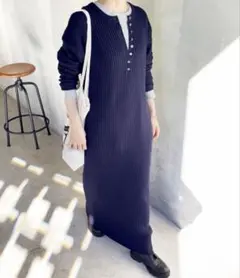 【Spick & Span】ヘンリーネック リブニットワンピース マキシ丈ワンピ
