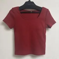 パット付き スクエアネック リブTシャツ ボルドー Mのサムネイル