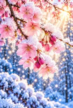 雪化粧にきらめく桜　さくら　雪　風景画　幻想　冬景色　イラスト　C316