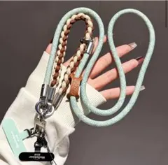 スマホショルダーストラップ 青緑と茶色 編み込み