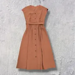 ベルト付き ロングワンピース ブラウン 前ボタン Vネック シンプル カジュアル