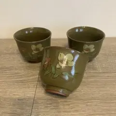 3F 쇼와 레트로 온천 찻잔 3 손님 세트 심록 유약 동백 꽃 무늬 도자기 일식기