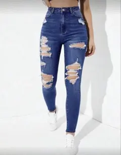 ダメージ加工ハイウエストスキニーデニム