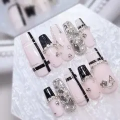 ネイルチップ 黒 量産型 チェック柄 シンプル フレンチ 地雷 ちゅるん ハート