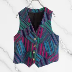 ベスト　ジレ　レディース　レトロポップ　カラフル　マルチカラー　ヴィンテージ古着