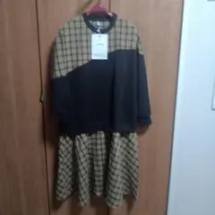 ネイビー チェック柄 長袖カットソーワンピース