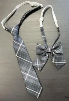 グレー チェック柄 リボン・ネクタイセット