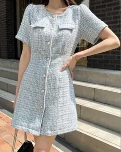 【新品】パフスリーブ ツイードワンピース サンドレス