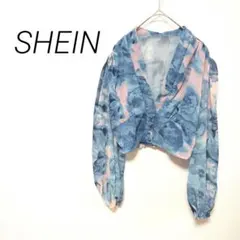 SHEIN 青とピンクの花柄クロップドシャツ　S リゾート　裾ゴム　派手柄