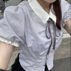 OLIVE des OLIVE keru リボンブラウス グレーストライプ