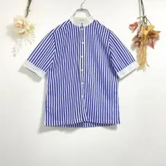 日本製 スタンドカラーシャツ 前開き 透け感 ストライプ 涼しげ