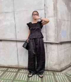 しまむら　kaoru ジャガードコクーンパンツ　ブラック