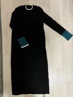 ニットロングワンピース ブラック/ターコイズ