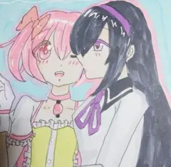 魔法少女まどか☆マギカ　まどマギ　自作　手描きイラスト　まどか＆ほむら　色紙