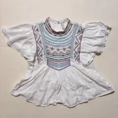 ZARA TRF ザラ　刺繍ブラウス 白 インド製 チュニック丈 半袖　フリルのサムネイル