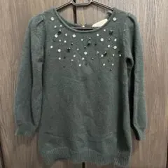 ビーズ装飾 グリーン ニットセーター 長袖
