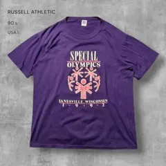 3242 古着USA製90sラッセルTシャツ好デザインシングルステッチパープルL