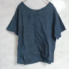 ビームスハート 麻100% プルオーバ キーネック 紺 Vネック 半袖 Tシャツ