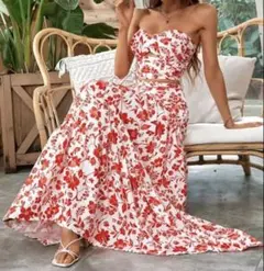 フラワープリント ストラップレス マキシドレス