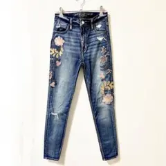 アメリカンイーグル 花柄刺繍 ハイライズ ジェギング スーパーストレッチ X