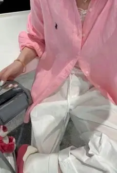 タグ付【極美品】ラルフローレン桜ピンクオーバーサイズリネンシャツホワイトポニー タグ付✨【極美品】ラルフローレン桜ピンクオーバーサイズリネンシャツ
