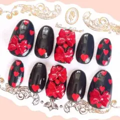 【現品】ネイルチップ 黒 赤 フレンチガーリー 量産型 リボン ハート